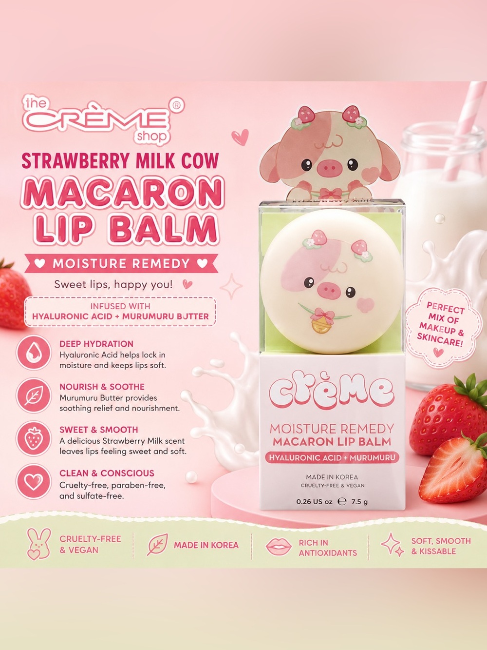 🍓 The Crème Shop Strawberry Milk Cow Macaron Lip Balm 🍓